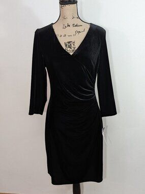 NWT $100 Chaps Womens Faux Wrap Dress 3/4 Sleeve V-Neck Black Velvet Size 10